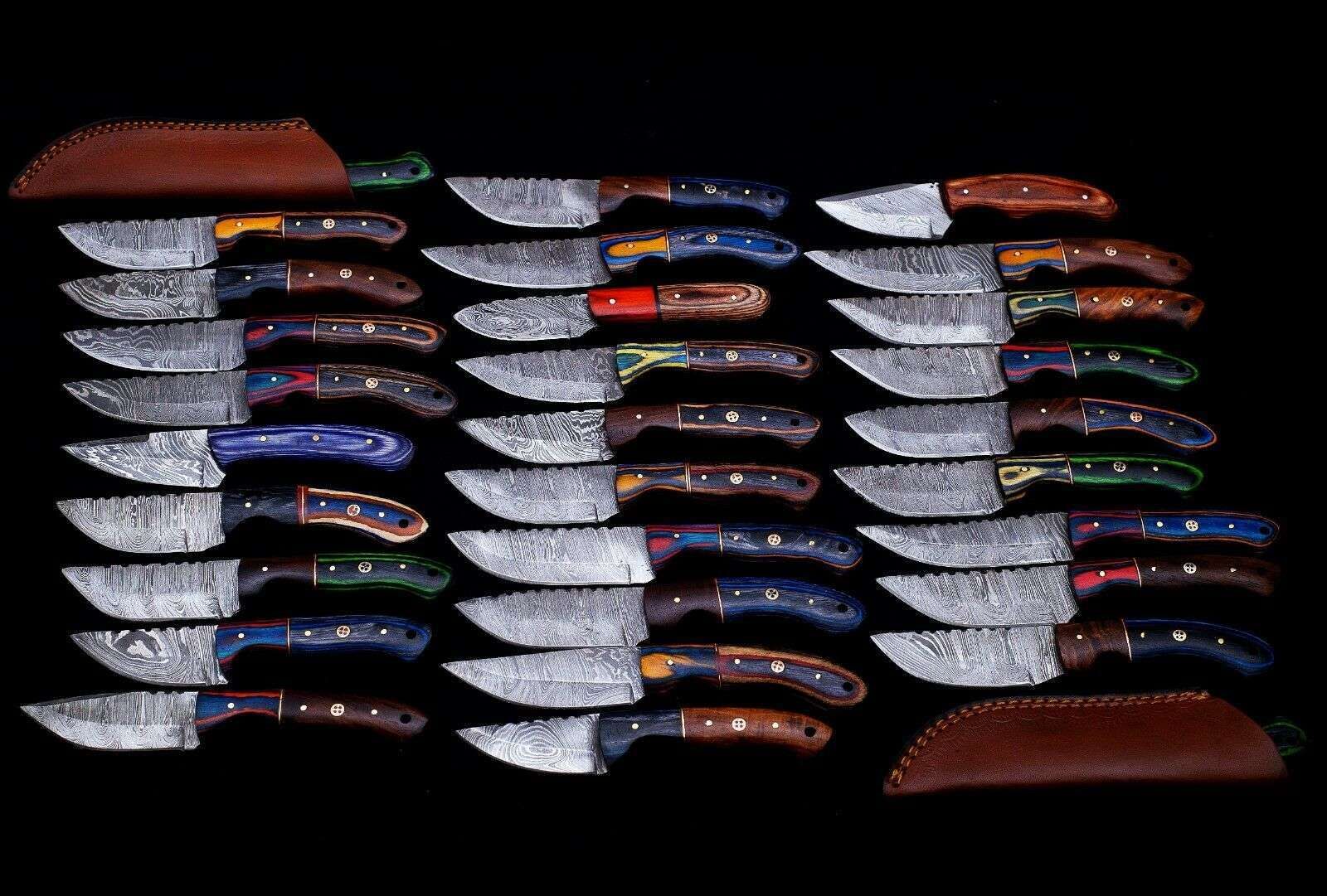 Pieces Damascus Steel Fixed Blade Skinning Knives Lot With Leather