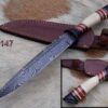 13" Long Damascus steel skinning knife hand forged Polished camel bone with red fiber and brass spacer hand crafted scale custom made