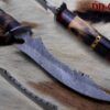 13 Inches long custom made Hand Forged Damascus Steel dagger Knife With 6.5" blade, exotic colored bone & wood scale cow hide leather sheath