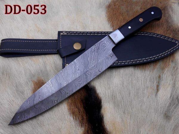 Damascus Steel kitchen Knife Custom made 13 Inches long Hand Forged Chef Knife 7.2" edge Buffalo Horn W/Bolster scale, cow leather sheath