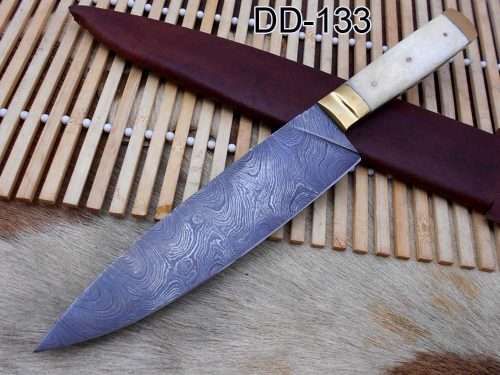 Damascus Steel kitchen Knife 11.4 Inches full tang 7" long Hand Forged blade, Camel bone and brass boldter scale, cow hide leather sheath