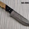 9.5" long Damascus Steel full tang hunting Knife custom made Hand Forged 5" blade, Bull horn & camel bone scale cow hide leather sheath