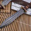 15 Inches long custom made Hand Forged Damascus Steel dagger Knife With 8" blade, Natural wood with engraved brass scale cow leather sheath