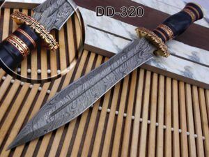 15 Inches long custom made Hand Forged Damascus Steel dagger Knife With 9" blade, exotic engraved brass & bull horn scale cow leather sheath