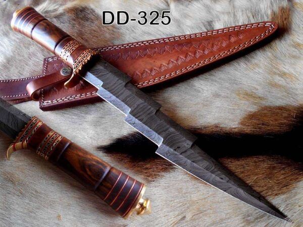 15.5 Inches long custom made Hand Forged Damascus Steel Bowie Knife With 10" blade, exotic engraved brass and wood scale Leather sheath