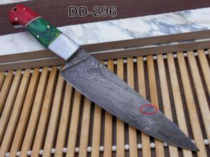 Red & green wood scale with steel bolster 10 Inches long custom made Damascus steel full tang 6" blade Chef Knife , cow leather sheath