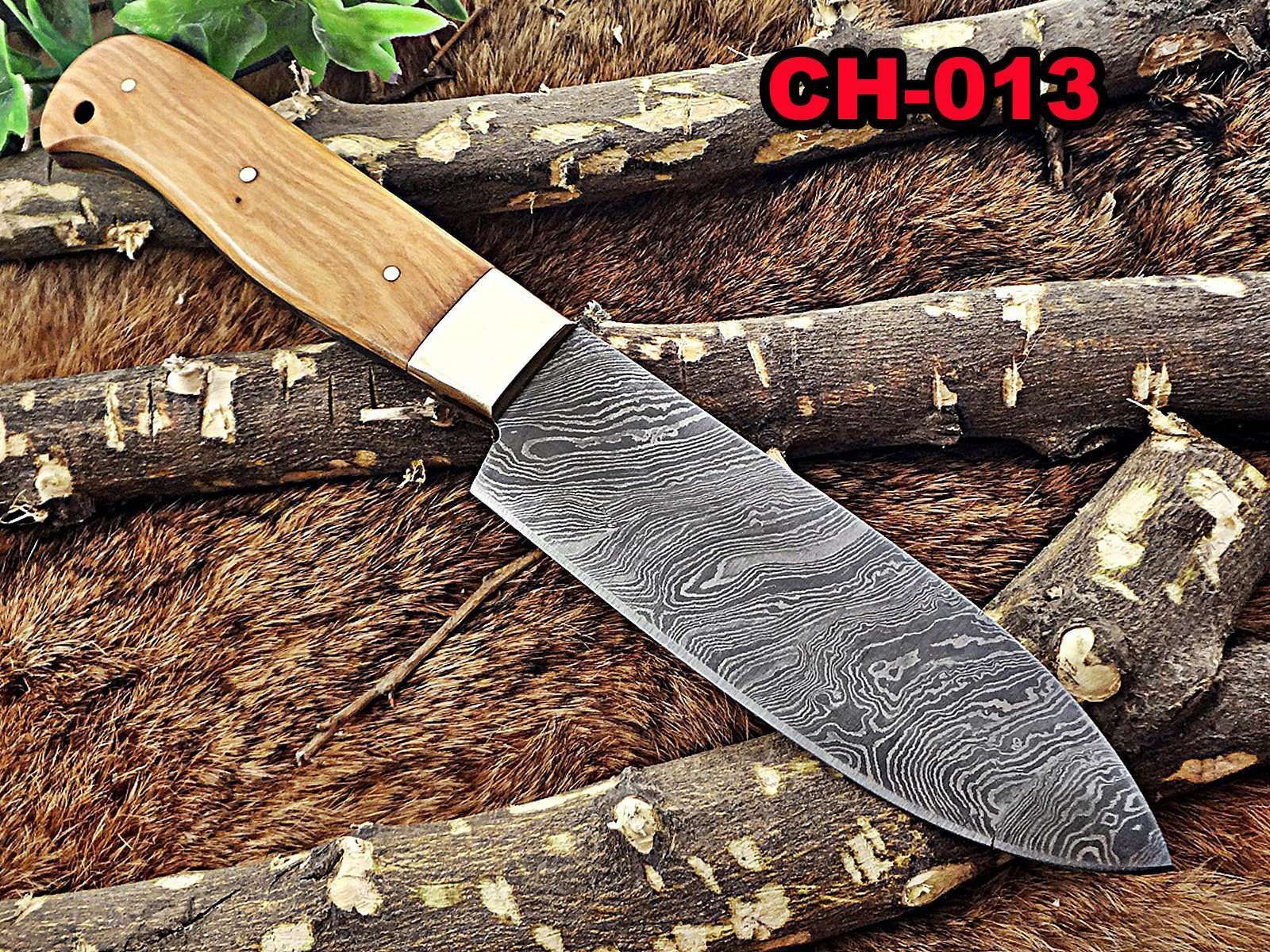 10" Long hand forged Hunting Damascus steel full tang Knife with gut hook, Kao Wood With Brass Boster.