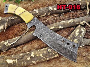 11" Long hand forged Damascus steel cleaver knife full tang chopper Knife, Butcher knife Natural Camel Bone Scale, Cow Leather sheath