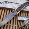 8 Inches long Folding Knife custom made Damascus steel and engraved brass scale 3.7" Hand Forged blade blue exotic leather sheath With loop