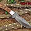 11" Long hand forged Damascus steel full tang blade skinning Knife, 2 tone brown Dollar wood with Brass bolster scale, Cow Leather sheath
