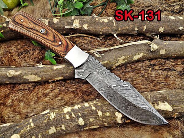 11" Long hand forged Damascus steel full tang blade skinning Knife, 2 tone brown Dollar wood with Brass bolster scale, Cow Leather sheath