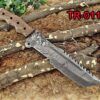 14" Long hand forged Damascus steel tracker knife full tang Tanto blade, Natural rose wood scale with hole, cow hide leather sheath