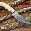 10"Long tracker knife hand forged twist pattern full tang Damascus steel, Natural Camel bone hole scale, Cow hide leather sheath