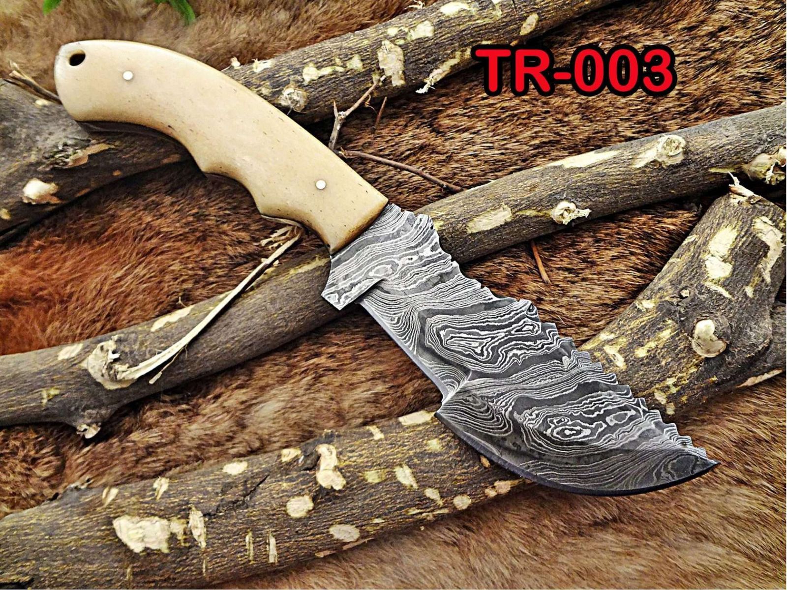 10"Long tracker knife hand forged twist pattern full tang Damascus steel, Natural Camel bone hole scale, Cow hide leather sheath