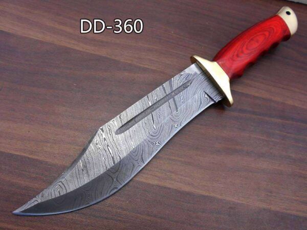 13.5 Inches long Damascus steel custom made hunting Knife, 2 tone Red wood scale with brass finger guard and cap cow hide leather sheath