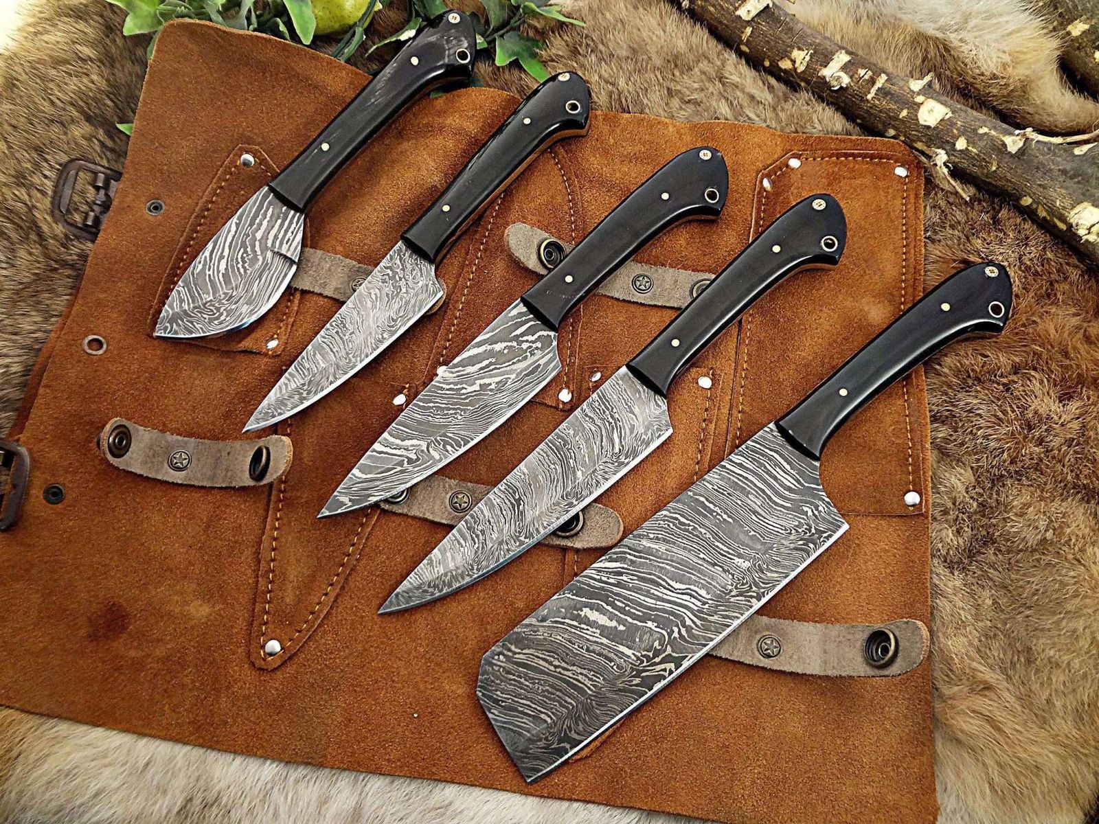 7 pieces Custom made hand forged Damascus steel full tang blade kitchen knife  set, Over 75 inches Length of Damascus sharp knives (15+14+13.5+12+11+10+9)  Inches, Cow hide Leather sheath - Damacus Depot, Inc.