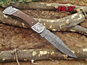Damascus steel 9" long Folding Knife, Micarta wood Scale with Engraved steel bolster, custom made 4" Hand Forged blade cow leather sheath