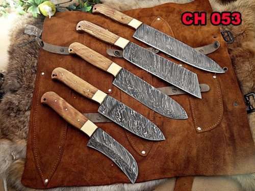 5 pieces chef knives set, overall 54 inches full tang hand forged Damascus steel blade, custom made leather sheath