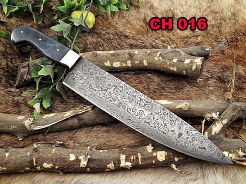Damascus Steel kitchen Knife 13.5 Inches full tang 9" long Hand Forged blade, Blue Colored camel bone and stainless steel bolster scale