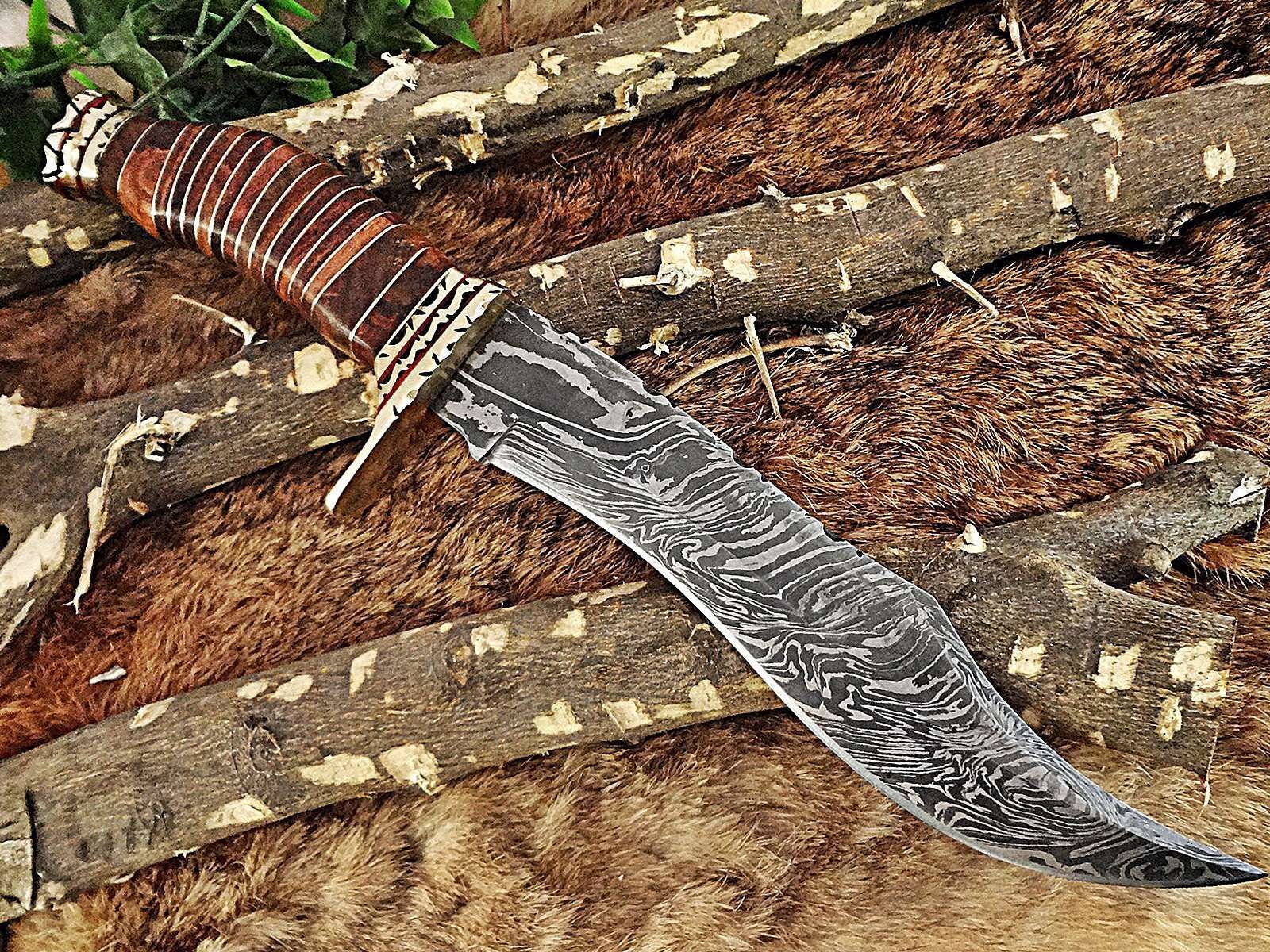 12.5" Long hand forged Damascus steel Hunting Bowie Knife, sliced Rose Wood With engraved Brass cap and finger guard, Cow Leather sheath