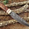 11" Long Damascus steel hunting Knife hand forged Twist pattern, Natural wood with camel bone & brass scale, thick Cow hide leather sheath
