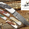 Damascus steel 6.5 " long Folding Knife, Various scales available with steel bolster, 3" Hand Forged blade, Cow hide leather sheath included