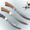 11" Long Damascus steel full tang blade skinning Knife, Available in 3 scales with bolster, Includes Cow Leather sheath