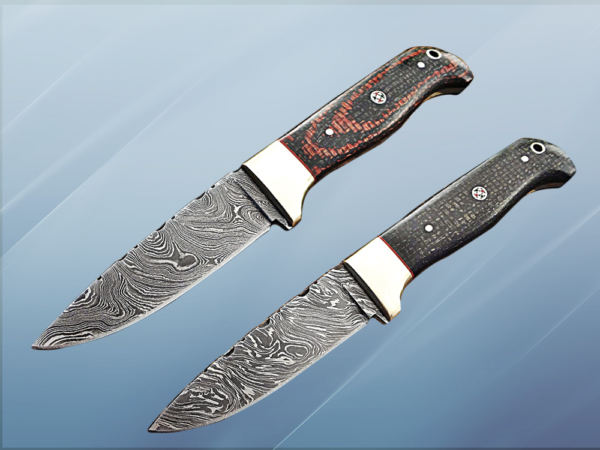 9" Long hand forged Damascus steel skinning knife, 4" full tang blade, Solid and 2 tone black scales available, Cow hide Leather sheath included