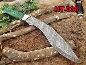 Damascus Steel Kukri Knife 15 Inches custom made Hand Forged With 10" long blade, Green Dollar wood with brass scale, Cow Leather Sheath