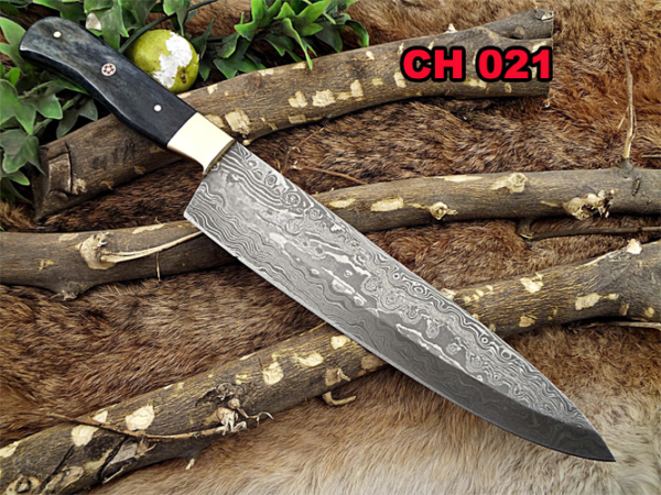 Damascus Steel kitchen Knife 14 Inches full tang 9" long Hand Forged blade, Blue Colored camel bone and brass bolster scale
