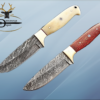 9" Damascus steel skinning knife, 4.5" full tang blade, Available in White and Red colors, includes Cow hide Leather sheath
