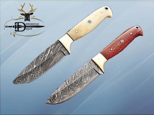 9" Damascus steel skinning knife, 4.5" full tang blade, Available in White and Red colors, includes Cow hide Leather sheath