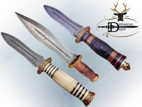 13 Inches long custom made Hand Forged Damascus Steel dagger Knife With 9" blade, exotic engraved brass scale cow leather sheath