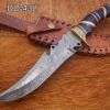 13" Long hand forged Damascus steel Hunting knife, exotic Bull Horn scale crafted with engraved brass finger guard, spacer & red fiber, Cow hide Leather sheath with belt loop