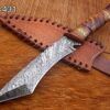 11" Long hand forged Damascus steel Tanto blade Hunting knife, exotic Hand crafted Camel bone scale with engraved brass & green fiber spacer, Cow hide Leather sheath with belt loop (Copy)