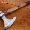Hand forged Damascus steel Tomahawk Godzilla Axe, Hunting Axe, hiking battle axe Rose wood scale with leather wrap stripe