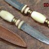 11" Custom made Hand Forged Damascus Dagger hunting Knife, Round grip Camel Bone scale with engraved brass spacer, Cow hide Leather Sheath included