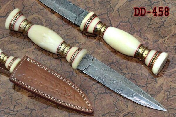 11" Custom made Hand Forged Damascus Dagger hunting Knife, Round grip Camel Bone scale with engraved brass spacer, Cow hide Leather Sheath included