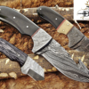 8" Long skinning knife, 4" full tang gut hook blade, hand forged Damascus steel, available in 3 scales, includes Cow Leather sheath