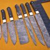 7 pieces Custom made hand forged Damascus steel full tang blade kitchen knife set, Over 75 inches Length of Damascus sharp knives (15+14+13.5+12+11+10+9) Inches, Cow hide Leather sheath