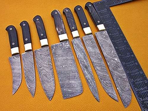7 pieces Custom made hand forged Damascus steel full tang blade kitchen knife set, Over 75 inches Length of Damascus sharp knives (15+14+13.5+12+11+10+9) Inches, Cow hide Leather sheath