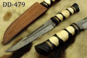 13" Damascus steel skinning knife, exotic hand crafted round scale, Cow sheath