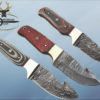 8" Long hand forged Damascus steel full tang blade gut hook skinning Knife, 3 scales available, includes Cow hide leather sheath