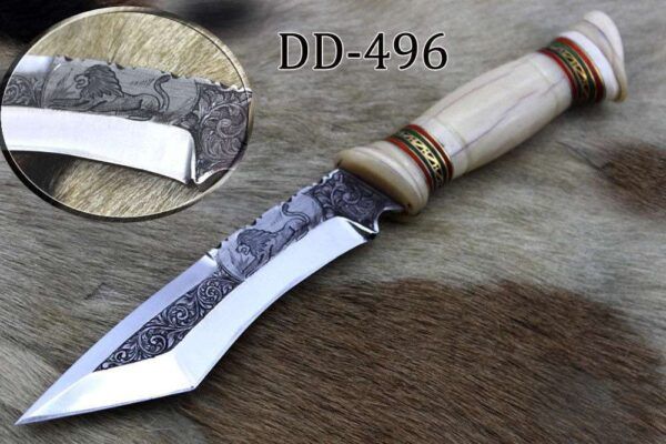 11" Long Tanto blade Skinning Knife, hand engraved D-2 stainless steel & Damascus steel, Round scale crafted with engraved Brass & fiber spacer, Cow hide Leather sheath