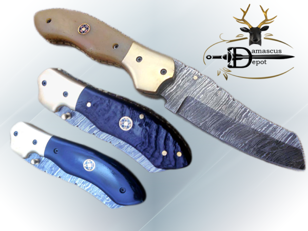 8" Tanto blade folding knife, Hand forged Twist Pattern Damascus steel, Equipped with Thumb pin & liner lock, Available in 5 different scales, Cow hide Leather sheath included