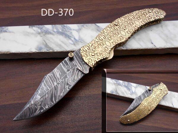 7.5 Inches long Folding Knife custom made engraved hand crafted brass scale 3.5" Hand Forged blade Cow leather sheath With loop