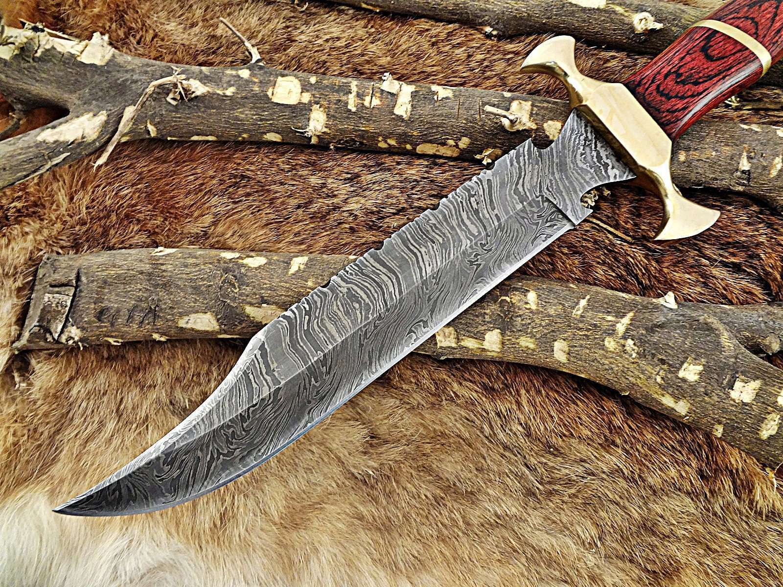 Engraved brass scale Cow sheath 15" Damascus Bowie hunting knife 2 colors 