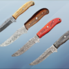 9.5" straight back blade skinning knife, 5" full tang Rain drop pattern Damascus steel blade, Available in 4 colors, includes Cow hide Leather sheath
