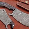 9" hand forged Twist Pattern Damascus steel meat Cleaver, 2 tone black Dollar wood scale chopper knife, Leather sheath included