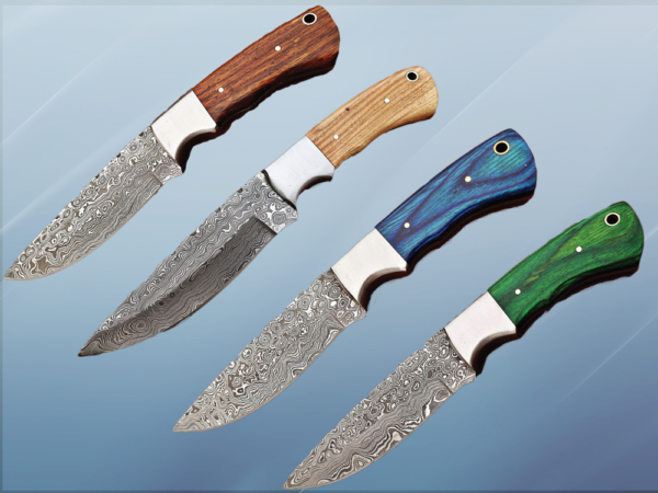 9.5" skinning knife, 5" full tang Rain drop pattern straight back Damascus steel blade, Available in 4 colors, includes Cow hide Leather sheath